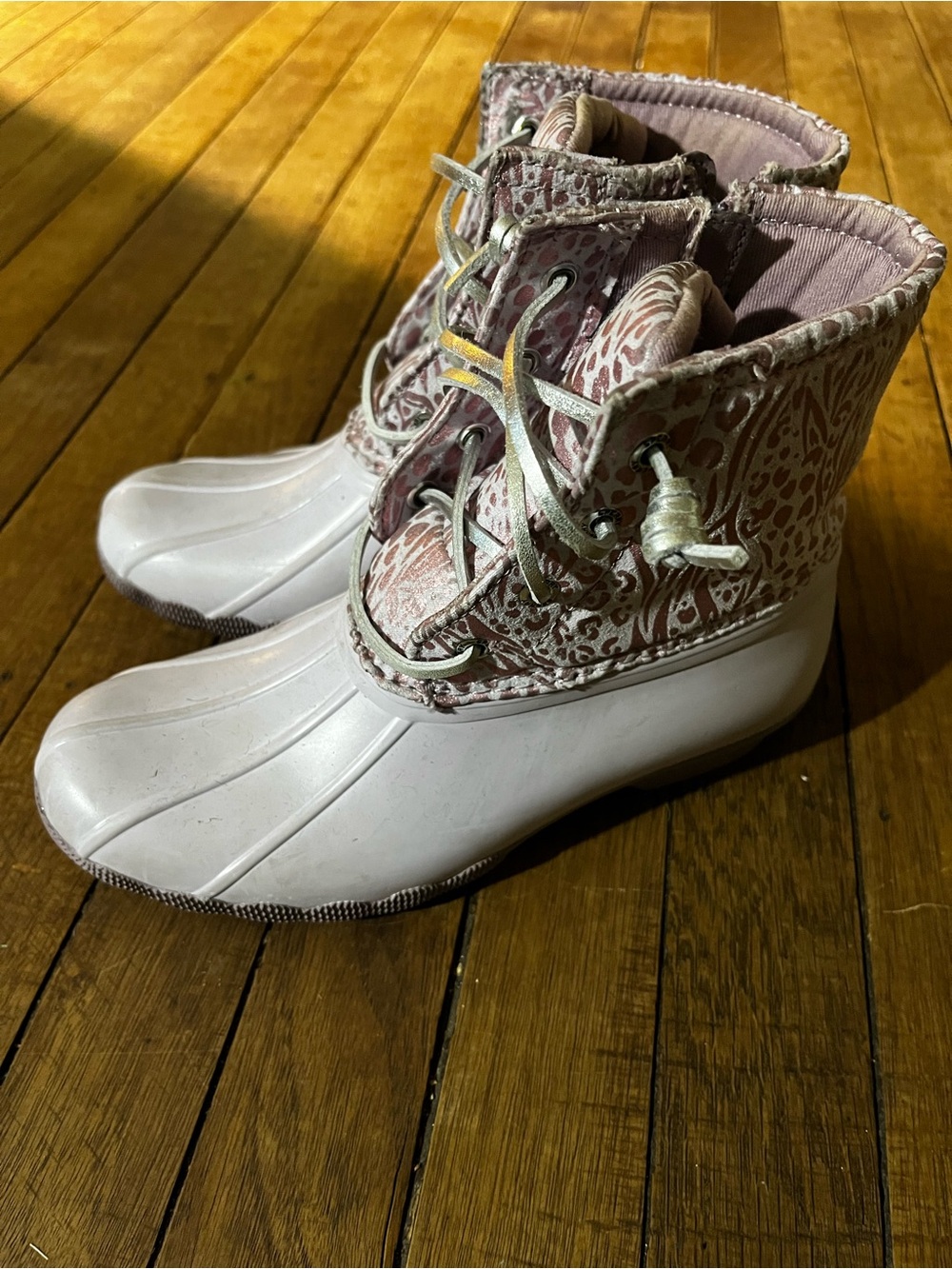 Sperry Duck Boots Girls 2M Pink White Animal Print Water Resistant STK166421